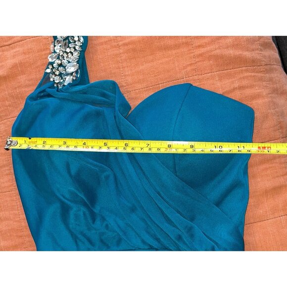 Xscape Teal One-Shoulder Ruched Embellished Long Gown Size 4 Womens - Picture 10 of 14